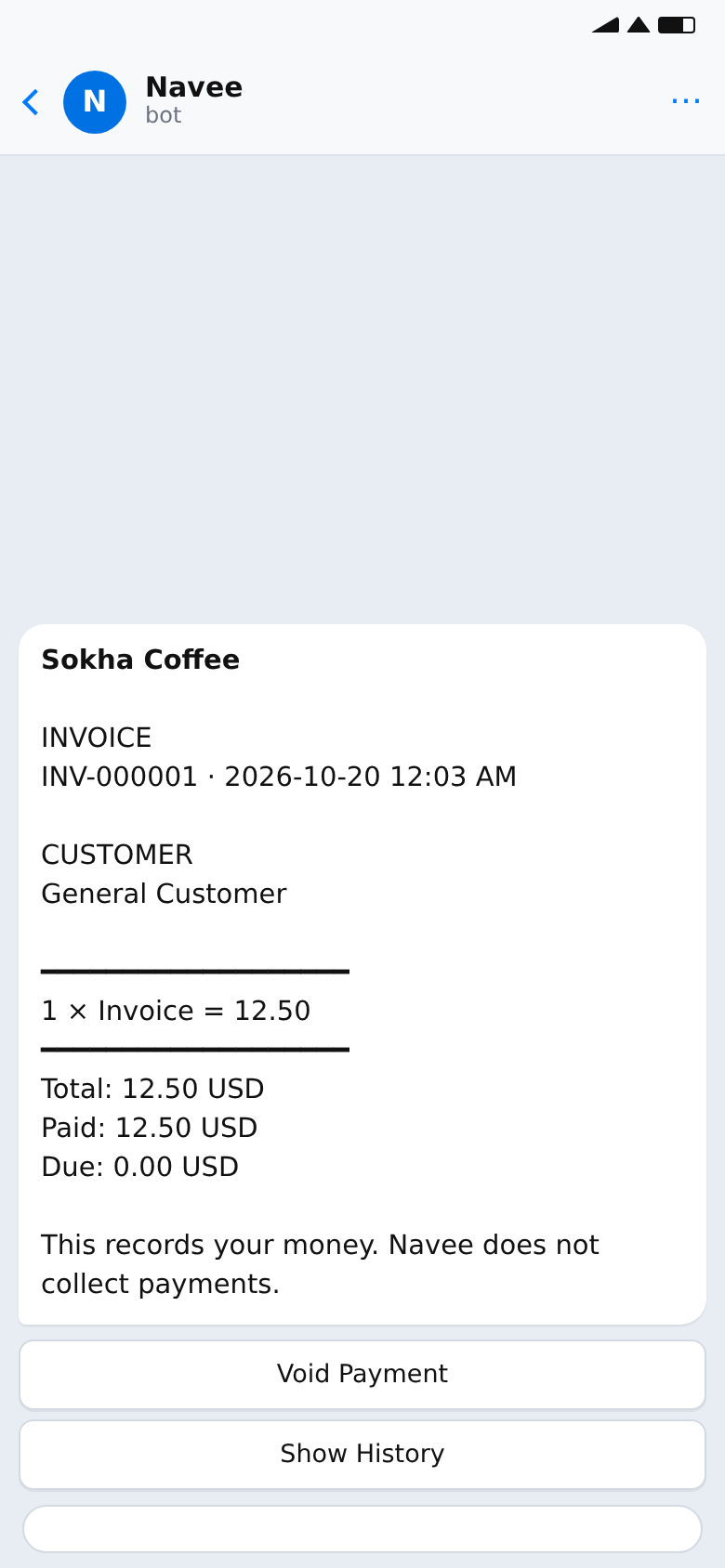 A screen from the Navee bot: an invoice showing its total, paid amount and due amount.